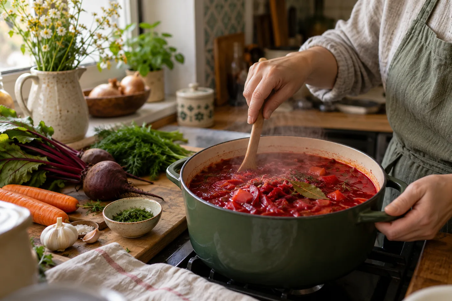 Руки помішують каструлю домашнього борщу