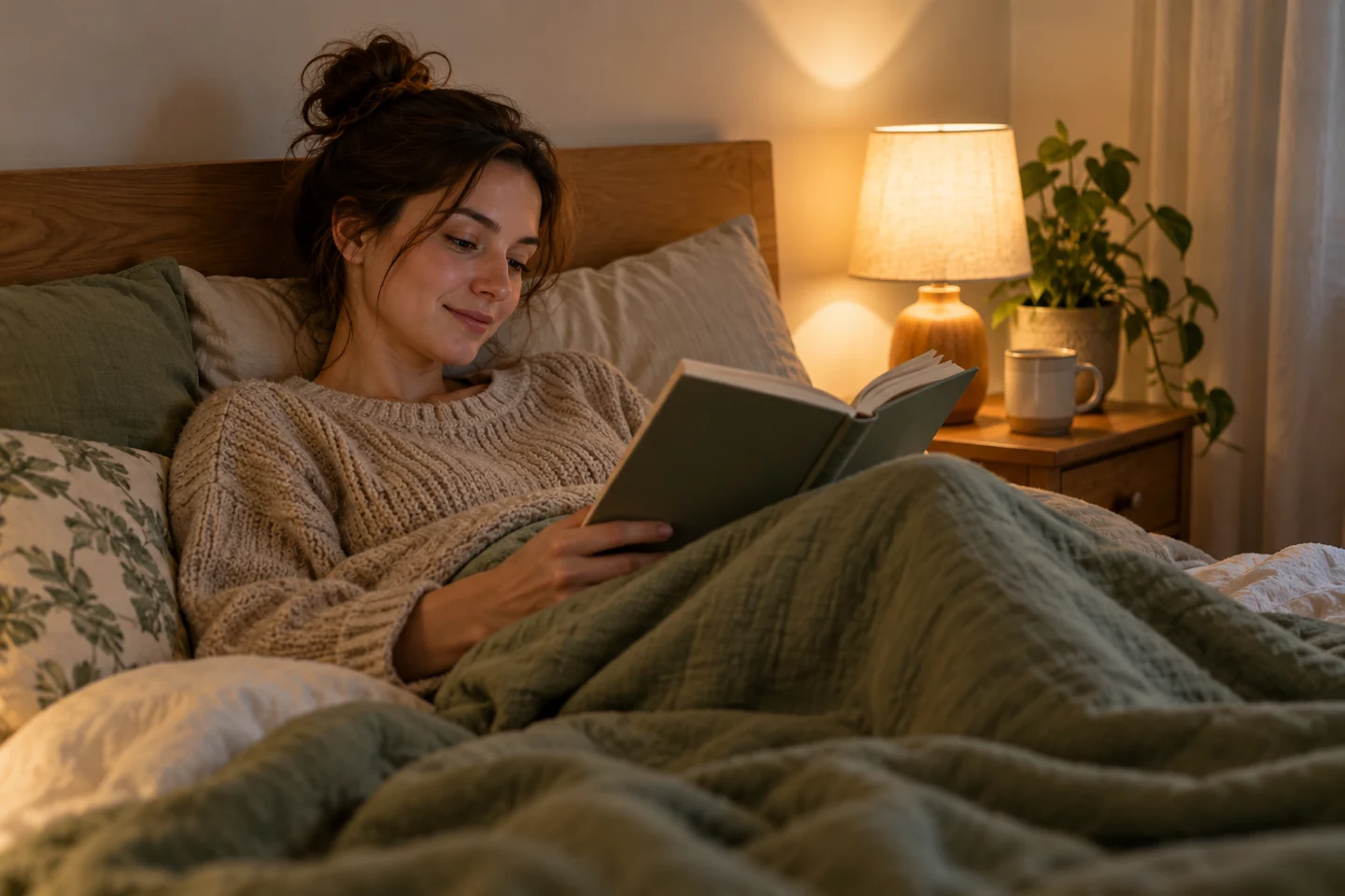 Доросла людина читає книжку перед сном