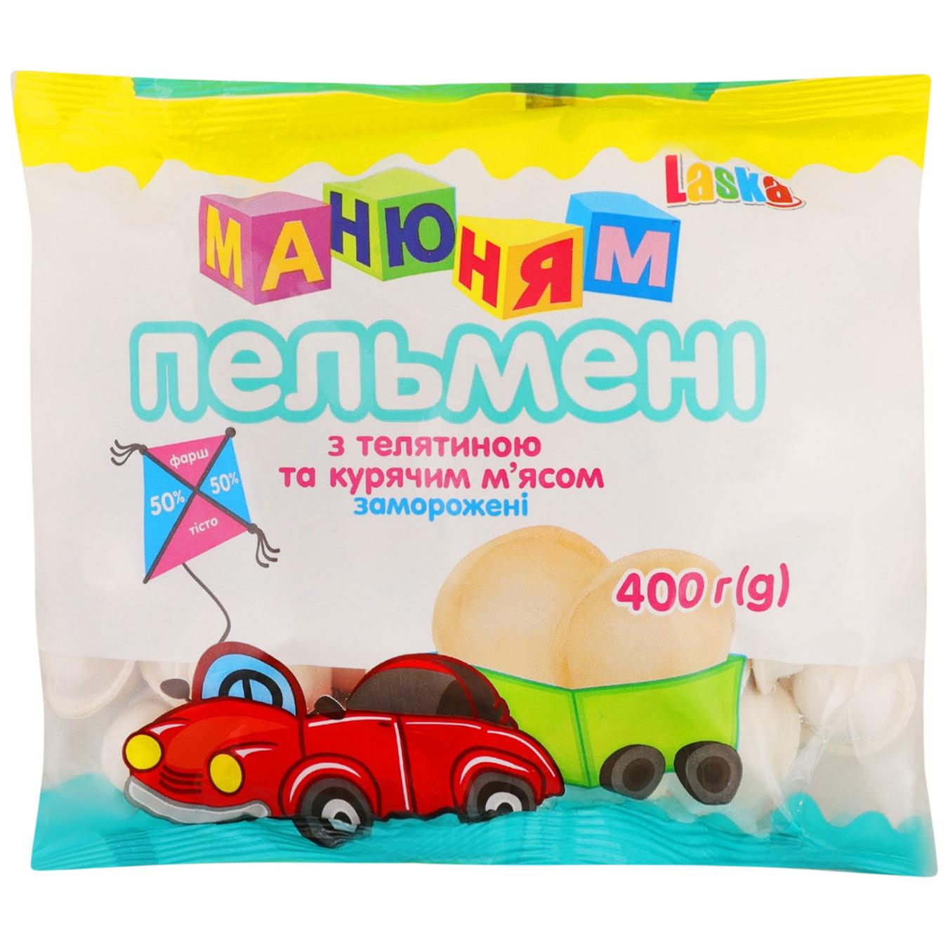 Пельмені Ласка Ма-ню-ням з телятиною та курячим м'ясом 400г — фото продукту