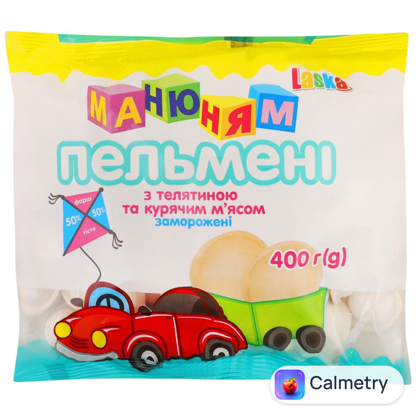 Пельмені Ласка Ма-ню-ням з телятиною та курячим м'ясом 400г — фото продукту