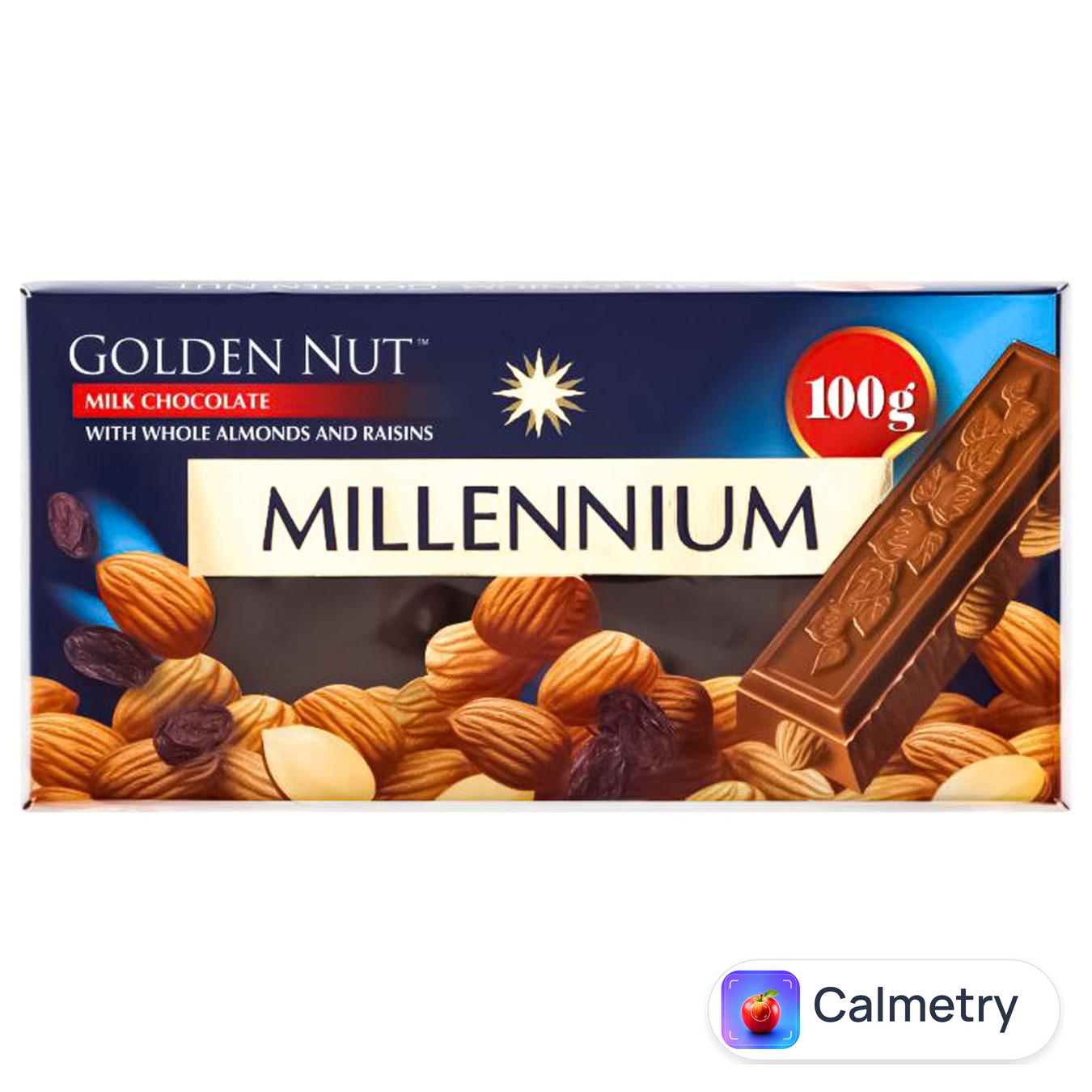 Шоколад молочний Millennium Gold Nut з цілим мигдалем та родзинками 100г — фото продукту