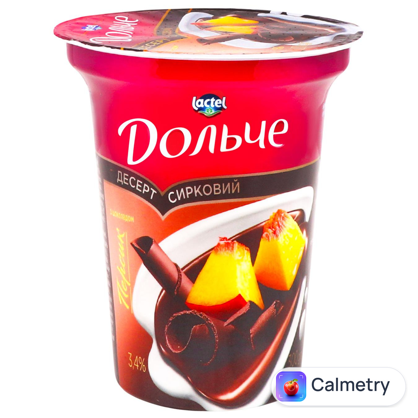 Десерт сирковий Дольче з наповнювачами персик та шоколад 3,4% 300г — фото продукту