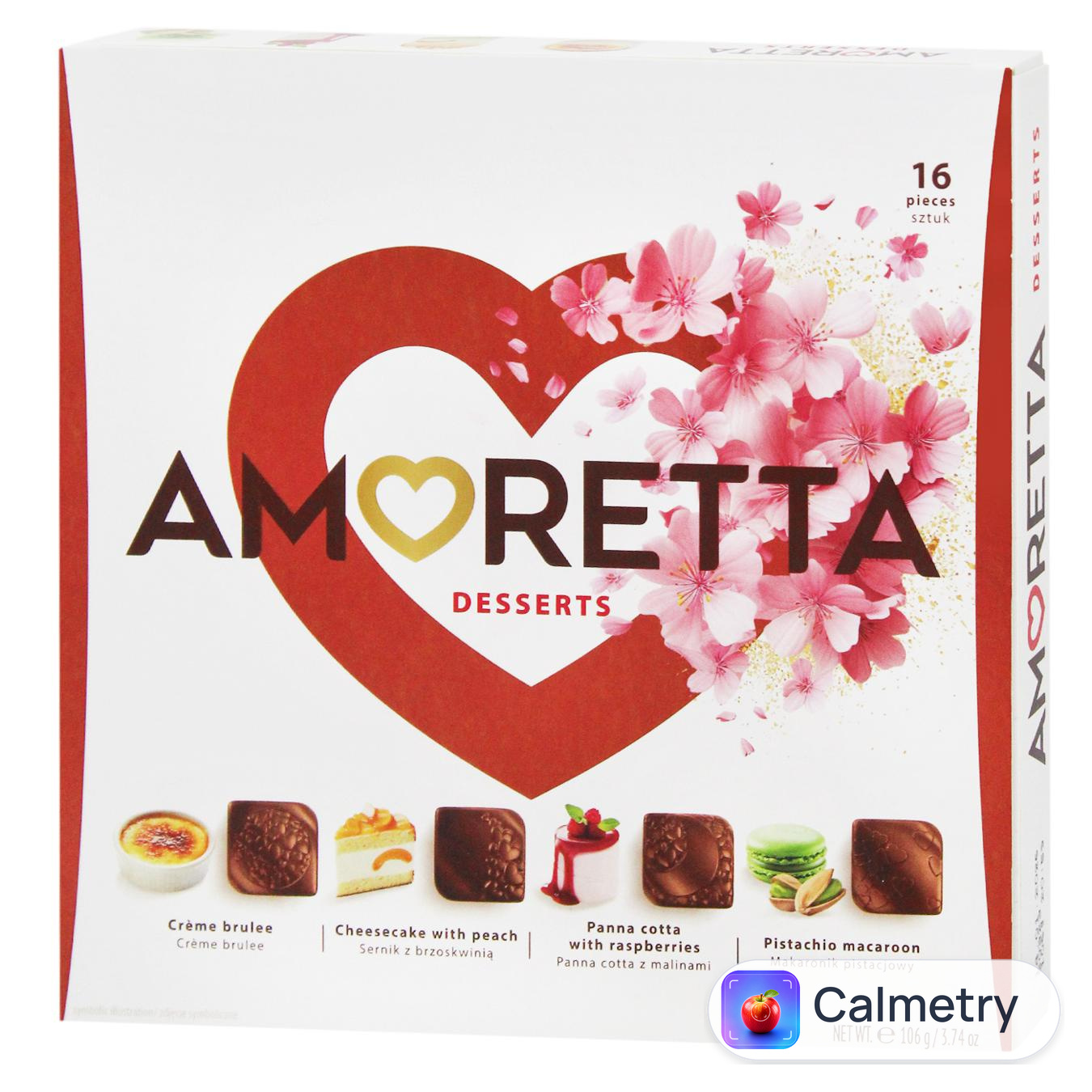 Цукерки Mieszko Amoretta Desserts зі смаком крему-брюле, фісташкового макаруна, панакоти з малиною, чізкейка з персиком 106г — фото продукту