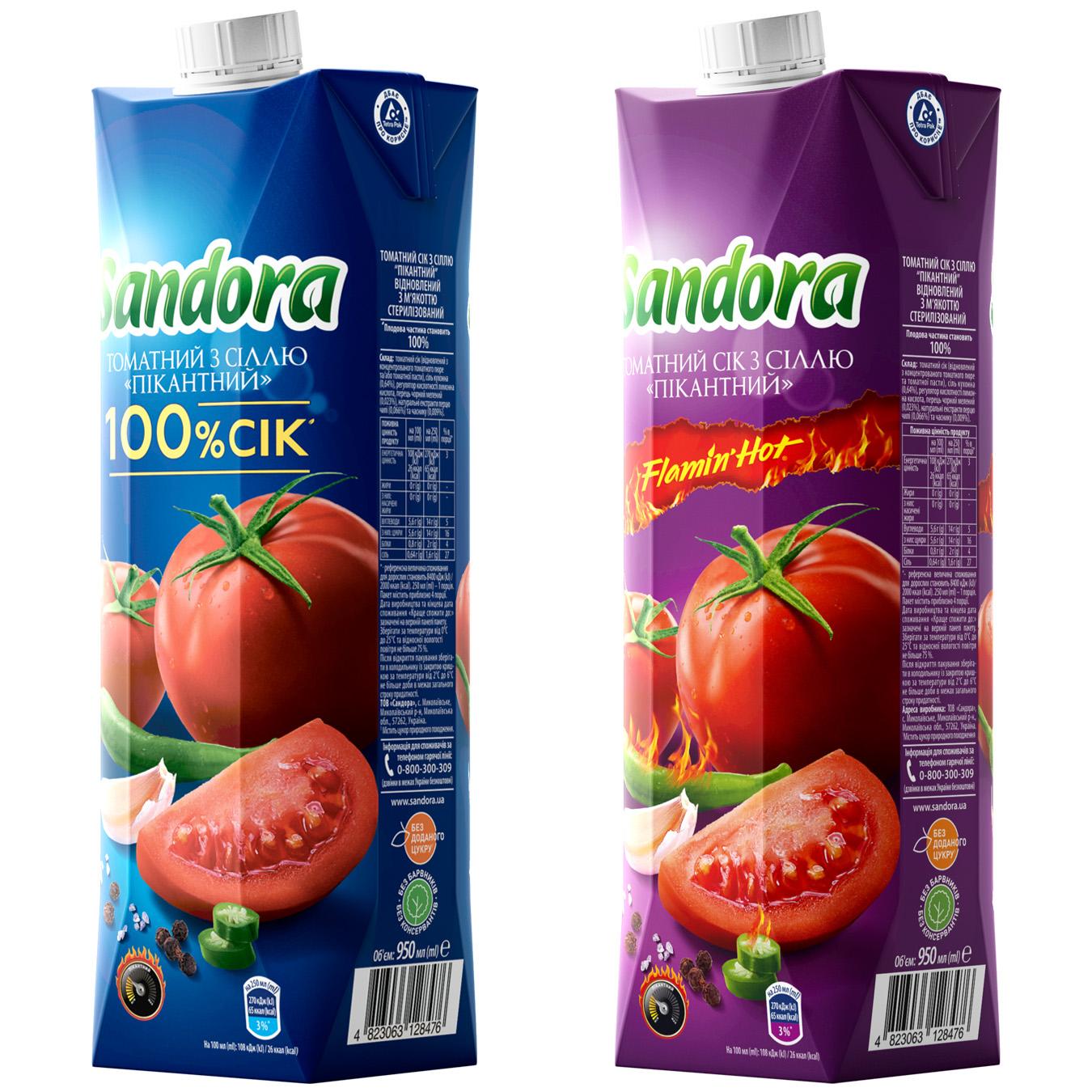 Сік Sandora Пікантний томатний з сіллю 0,95л — фото продукту