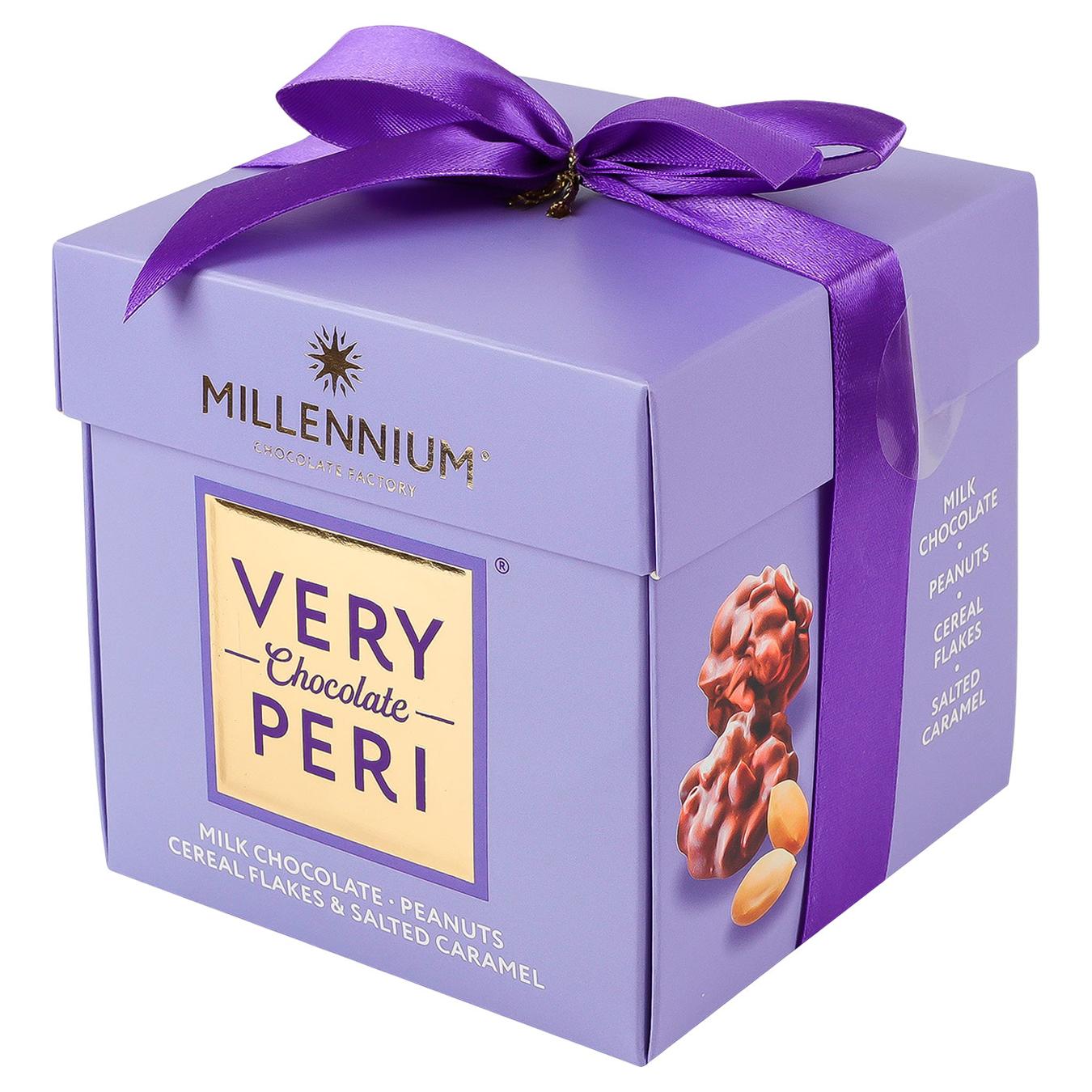 Цукерки Millennium Very Peri шоколадні з арахісом, родзинками, злаковими пластівцями та солоною карамеллю 140г — фото продукту