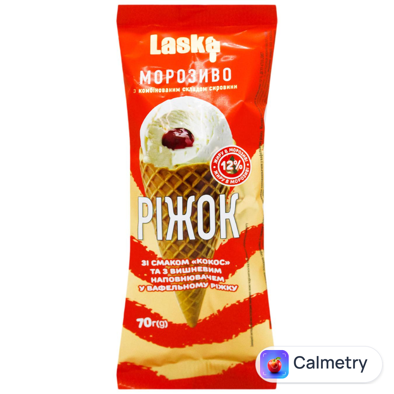 Морозиво Laska зі смаком кокоса та з вишневим наповнювачем 70г