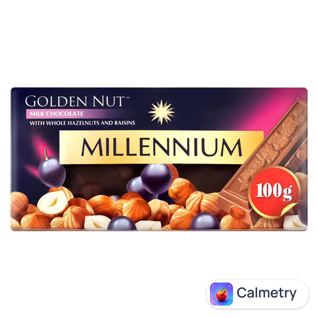 Шоколад молочний Millennium Golden Nut з цілими лісовими горіхами та родзинками 100г
