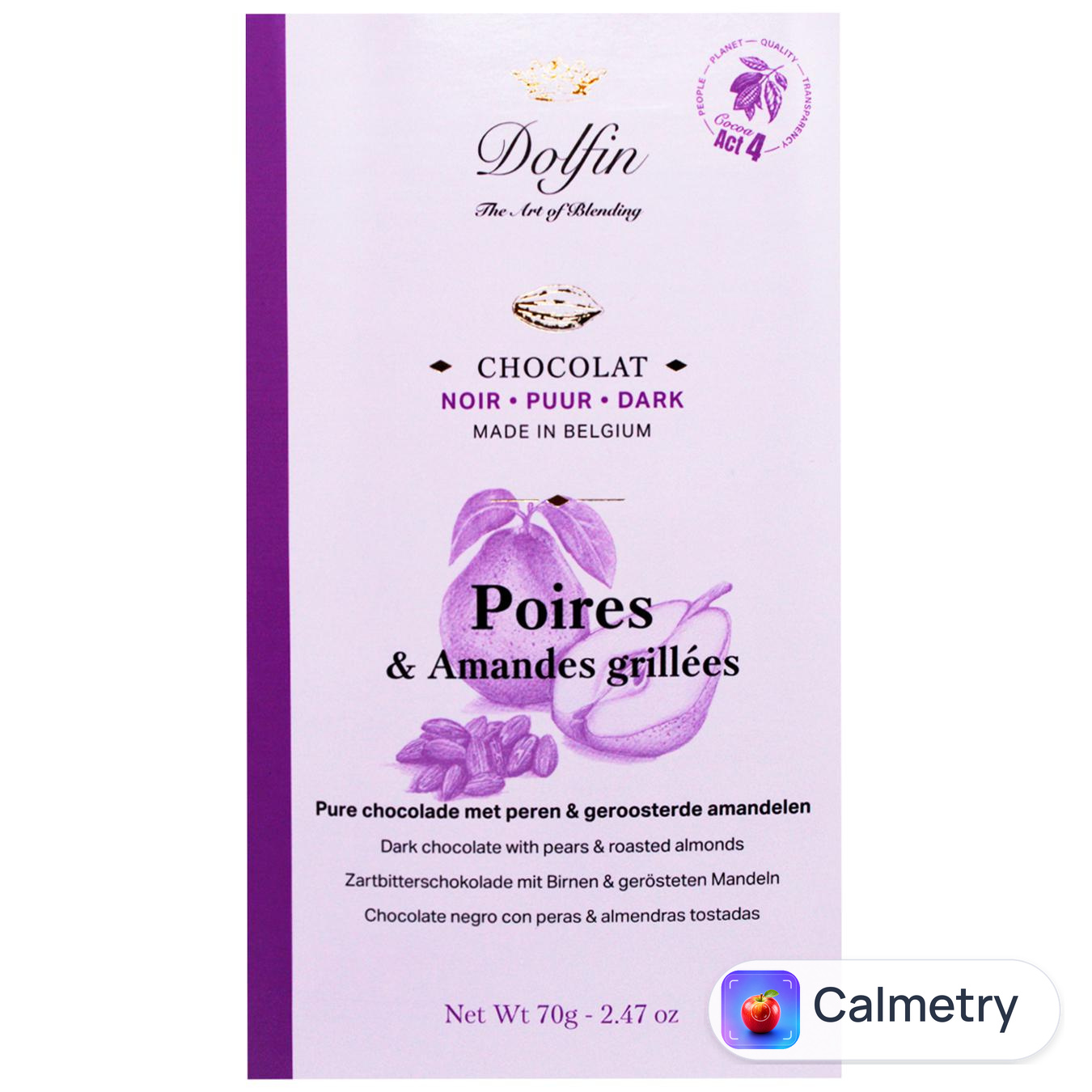 Шоколад чорний Dolfin з грушею та смаженим мигдалем 60% 70г