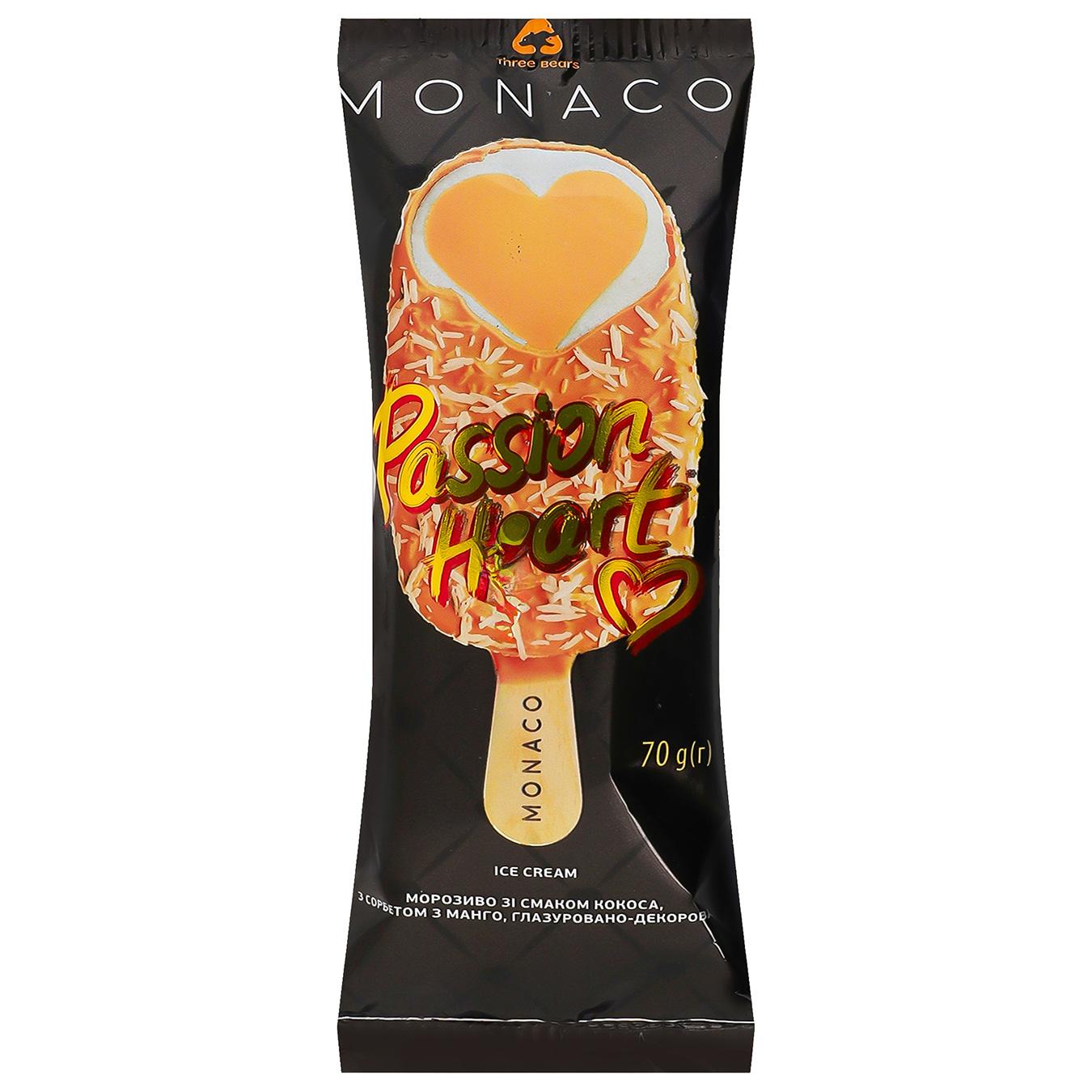 Морозиво Три Ведмеді Monaco Passion Heart Кокос-Манго в глазурі 70г — фото продукту
