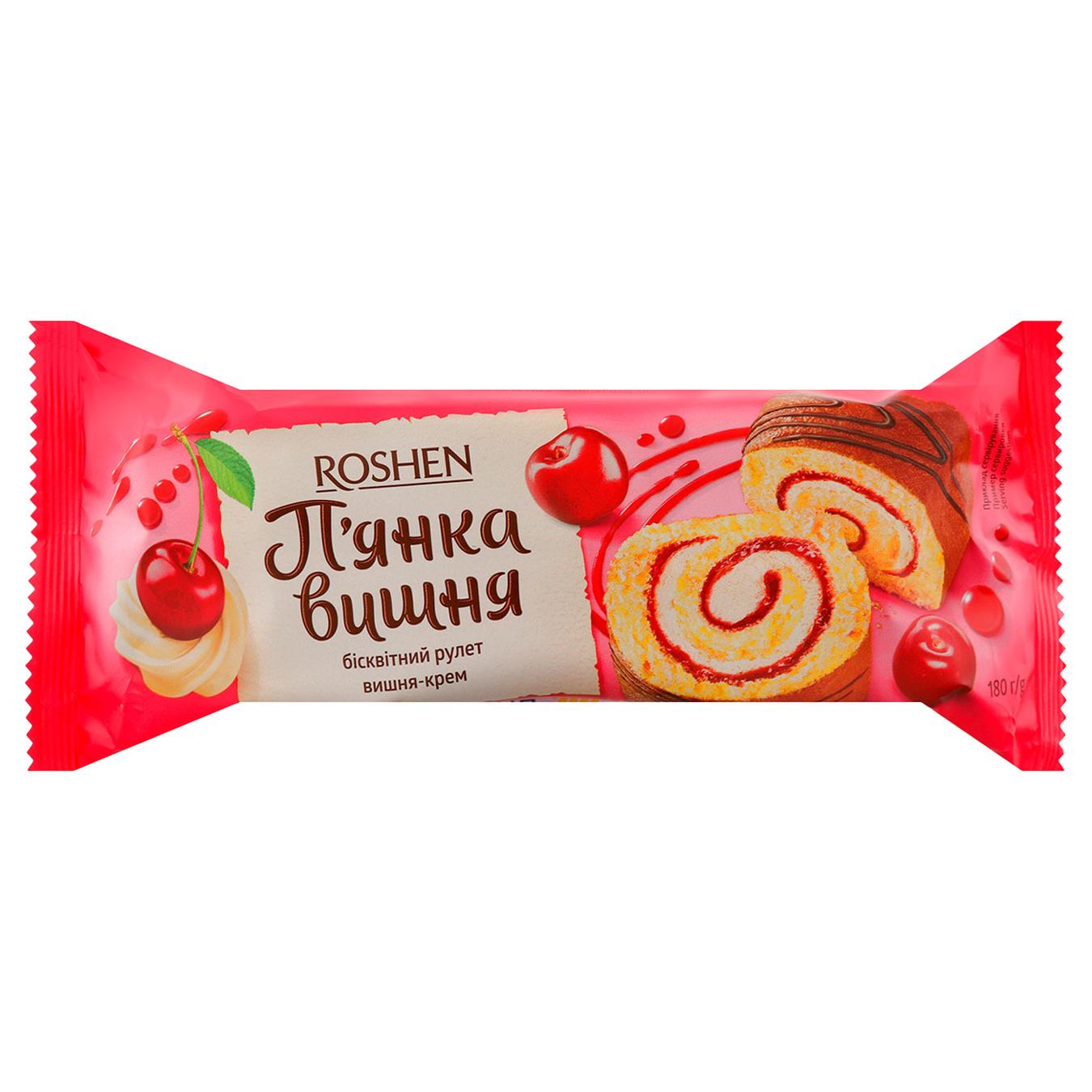 Рулет Roshen П'янка вишня бісквітний з начинкою вишня-крем 180г — фото продукту