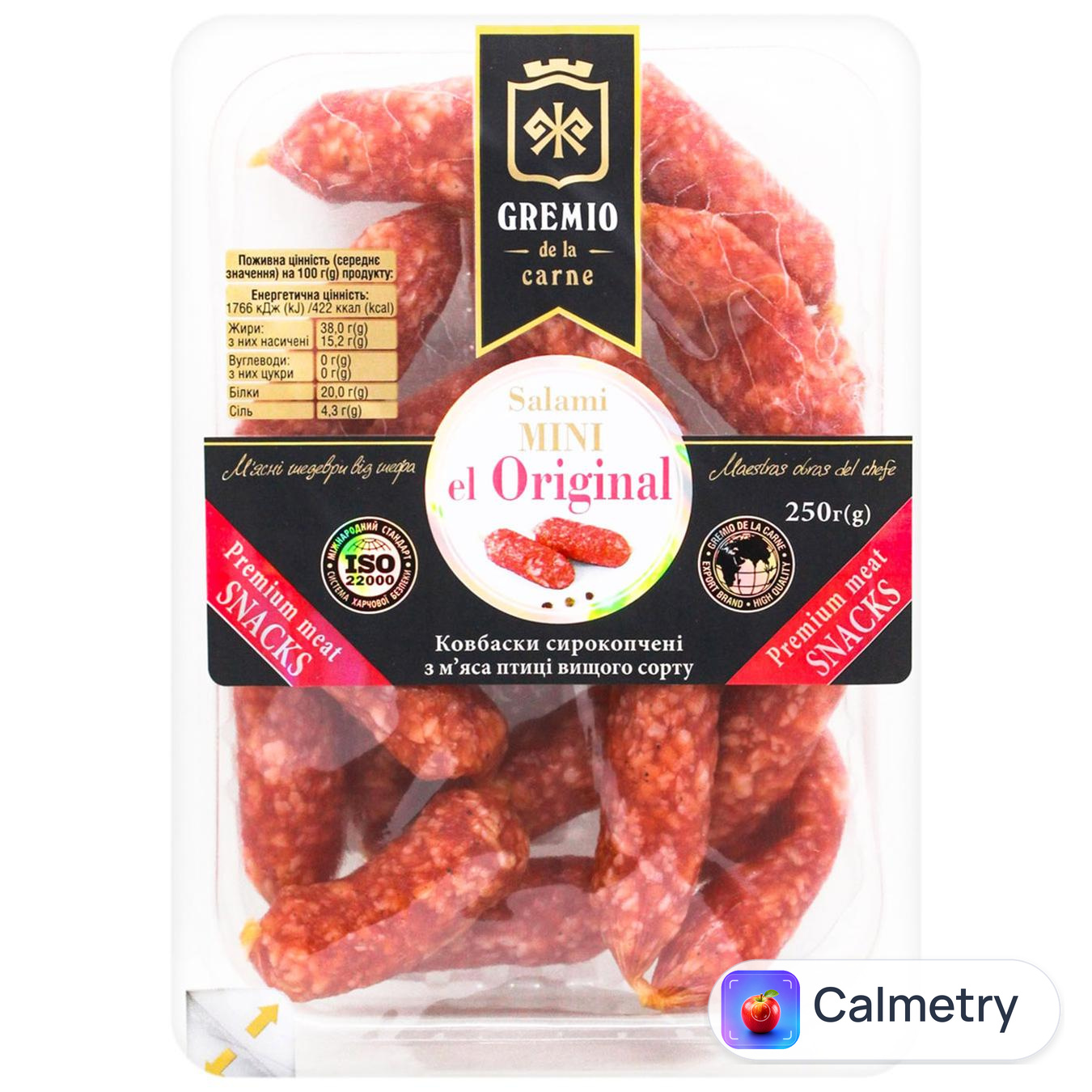 Ковбаски Gremio Salami Mini el Origianl сирокопчені вищий сорт 250г — фото продукту