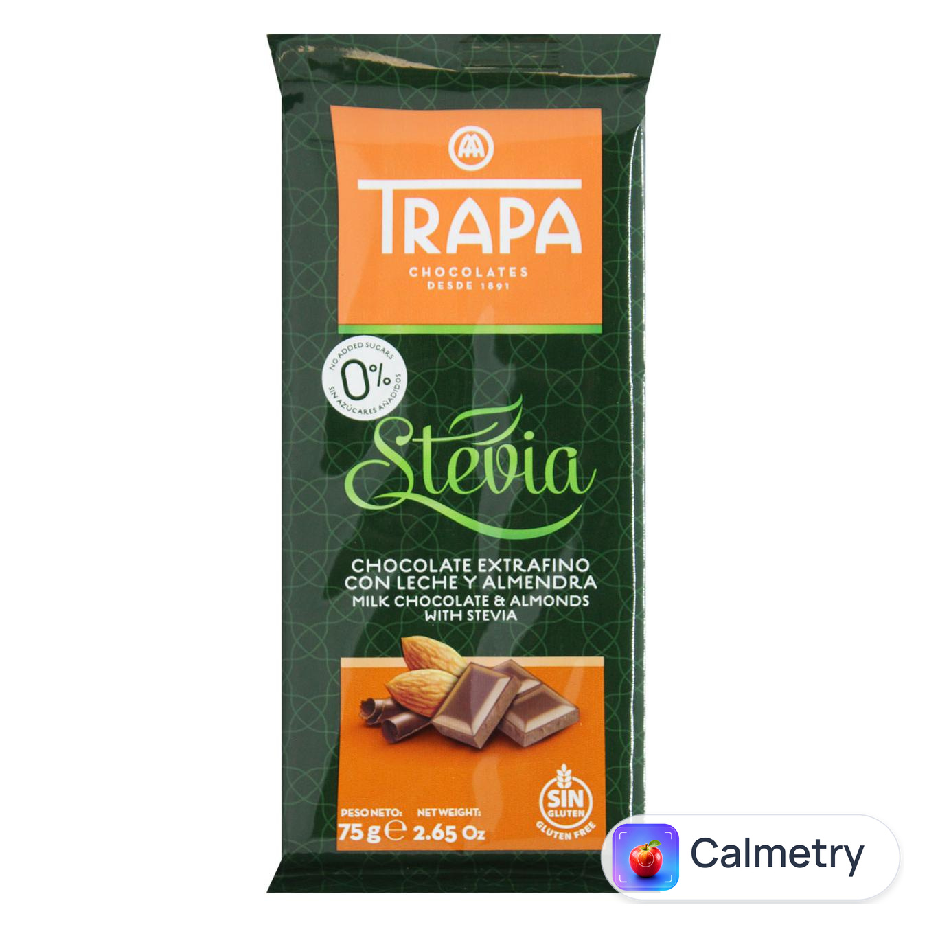 Шоколад молочний Trapa Stevia з мигдалем і стевією без цукру 75г