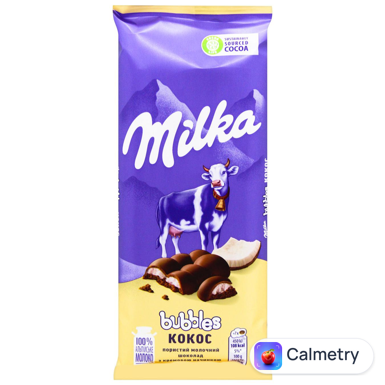 Шоколад молочний Milka Bubbles пористий з кокосовою начинкою 97г — фото продукту