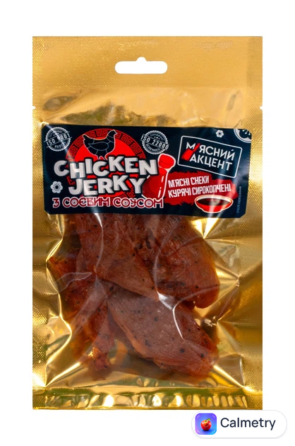 М'ясні снеки курячі М'ясний Акцент CHICKEN JERKY з соєвим соусом с/к 0.050 г