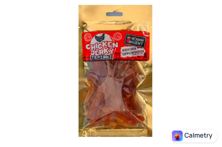 М'ясні снеки курячі М'ясний Акцент сирокопчені CHICKEN JERKY ТЕРІЯКІ вищого гатунку 0.050 г