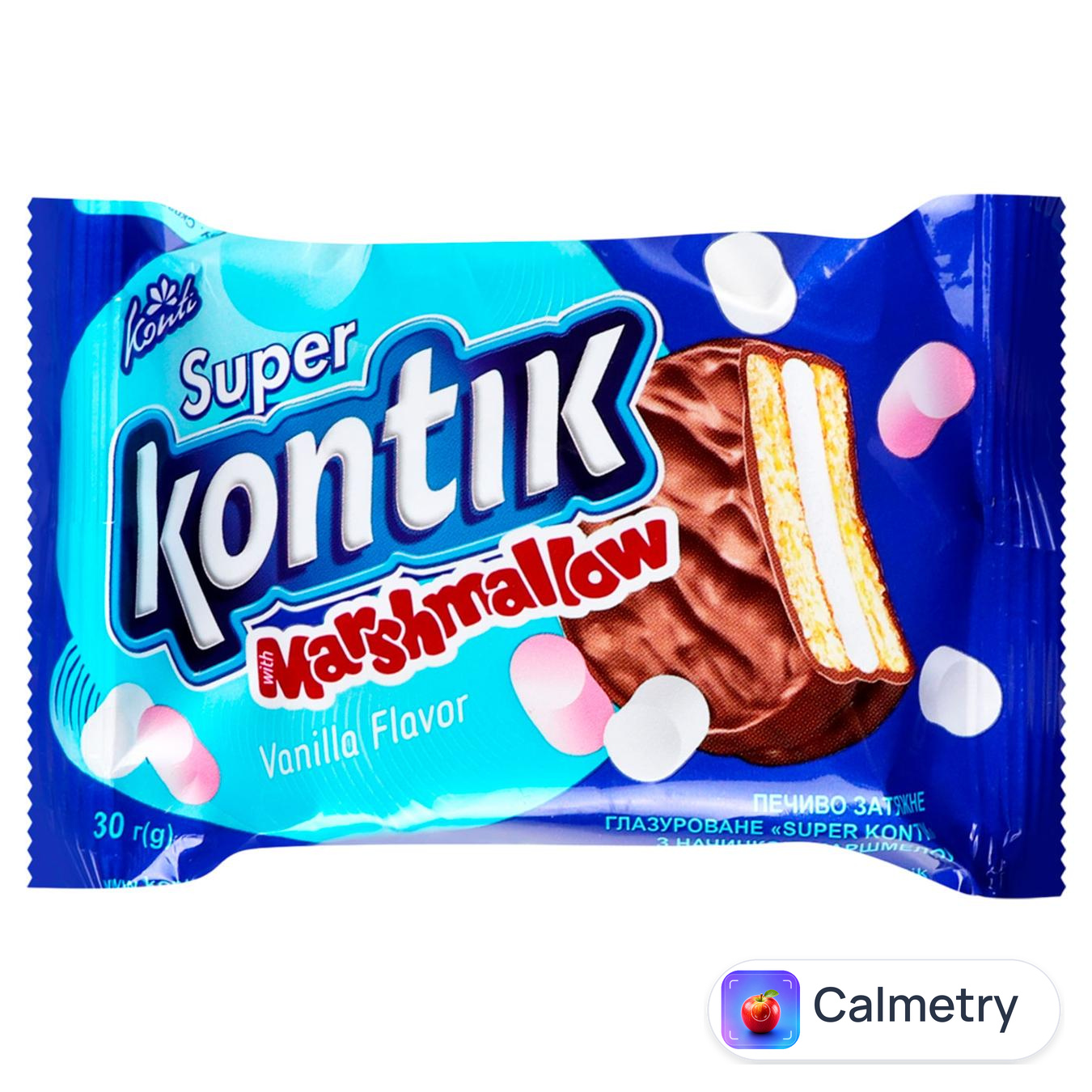 Печиво-сендвіч Konti Super Kontik з начинкою маршмеллоу в глазурі 30г — фото продукту