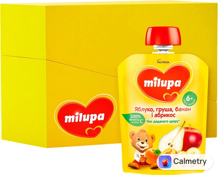 Упаковка фруктового пюре Milupa Яблуко, груша, банан і абрикос з 6 місяців 80 г х 6 шт.