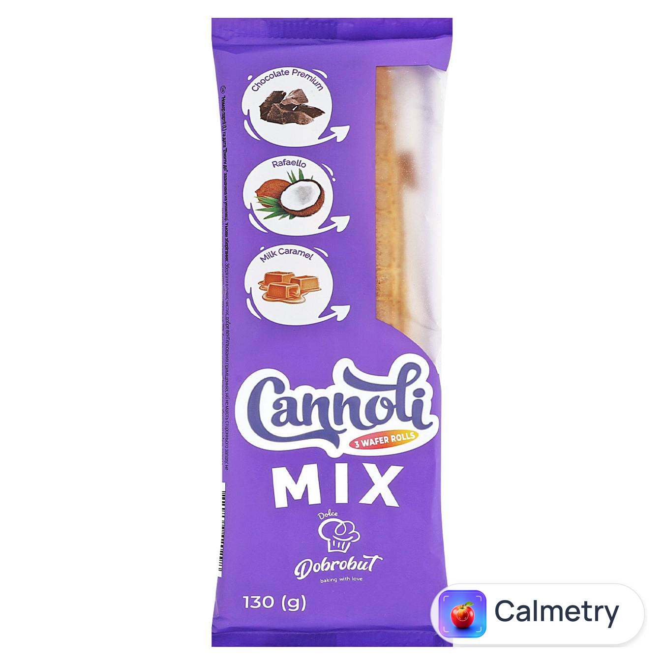 Трубочки вафельні Dobrobut Cannoli Mix з начинками Шоколад Преміум + Рафаелло + Молочна карамель 130г — фото продукту