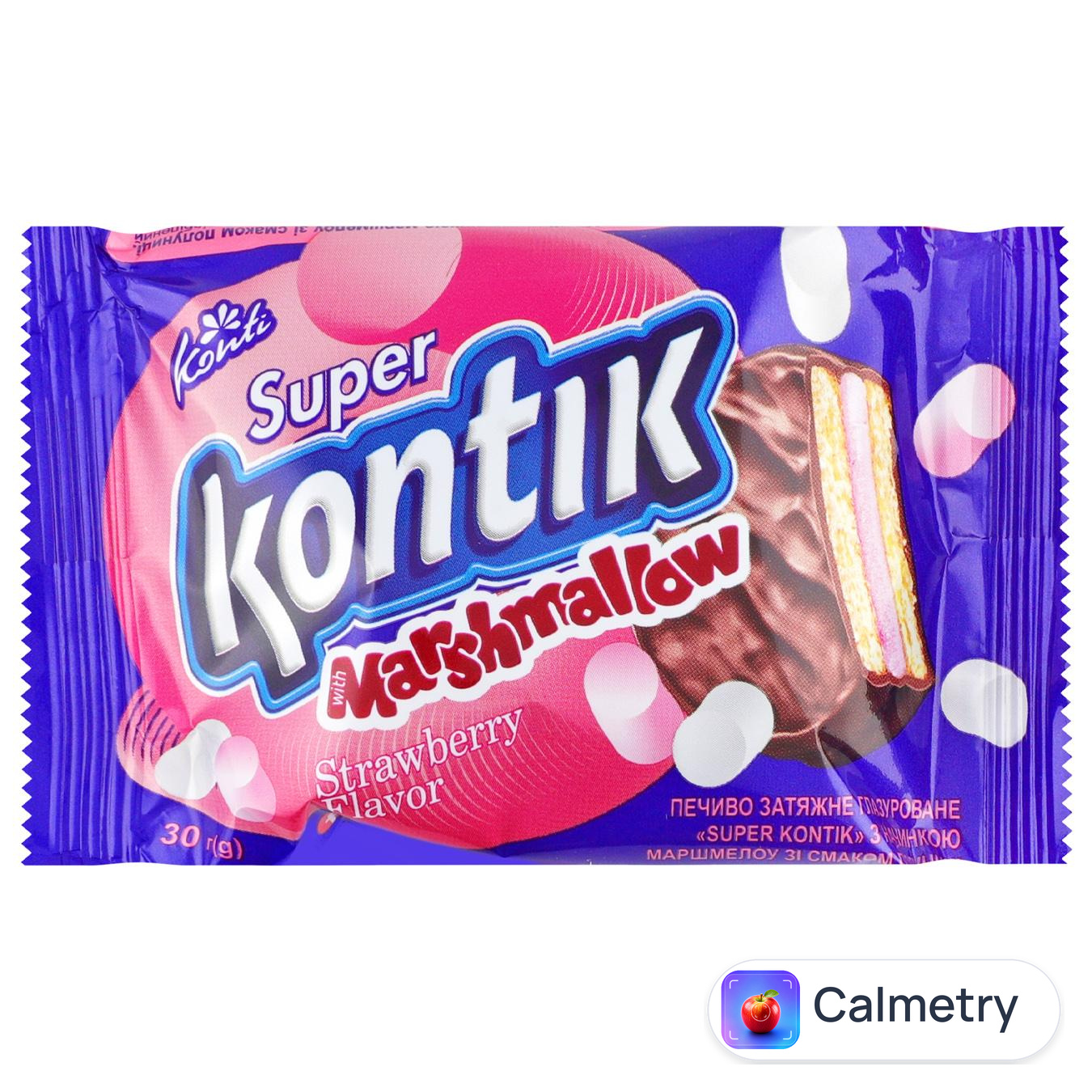Печиво-сендвіч Konti Super Kontik з начинкою маршмеллоу зі смаком полуниці в глазурі 30г — фото продукту