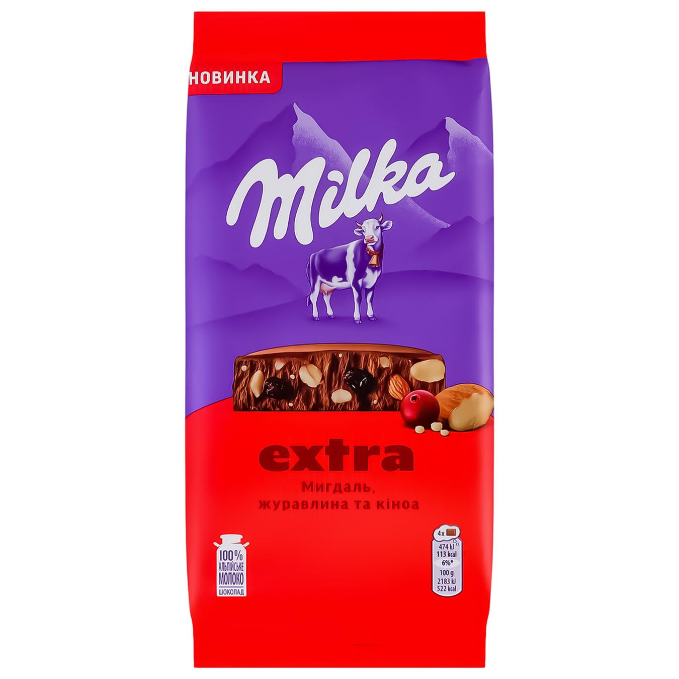 Шоколад молочний Milka Extra з мигдалем, журавлиною та кіноа 130г — фото продукту