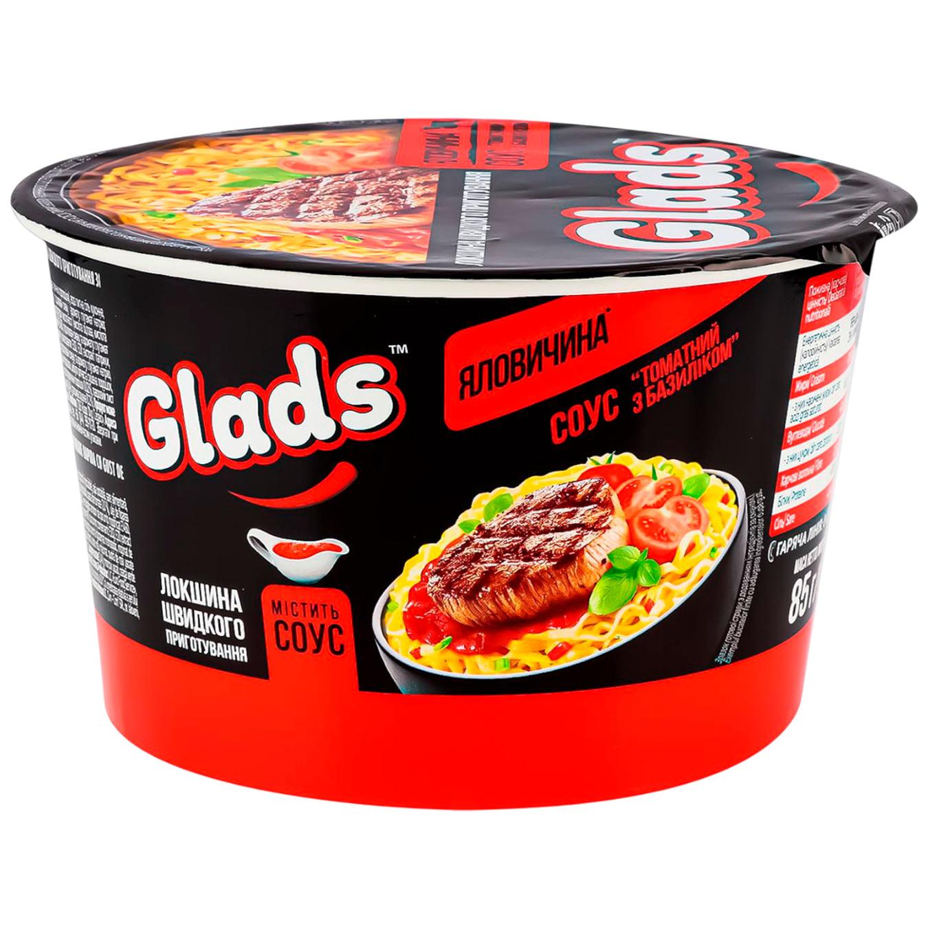 Локшина Glads Яловичина та томатний соус з базиліком 85г — фото продукту