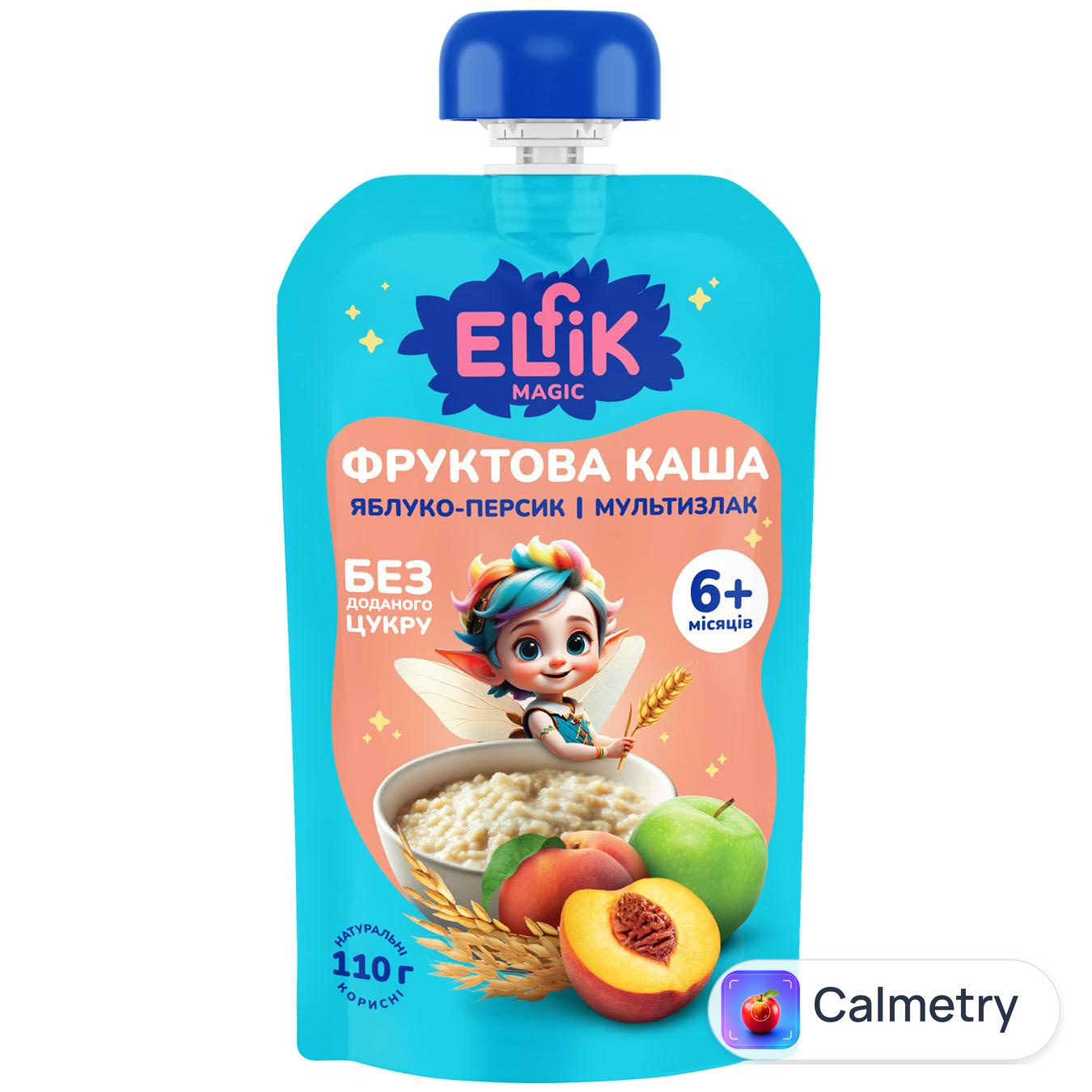 Каша фруктова Elfik Magic яблуко-персик і мультизлак від 6 місяців 110г — фото продукту
