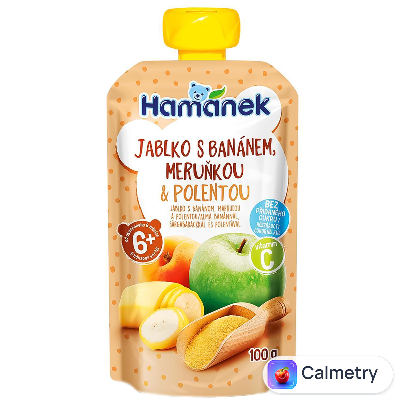 Пюре Hamanek яблуко-банан-абрикос-полента 100г — фото продукту