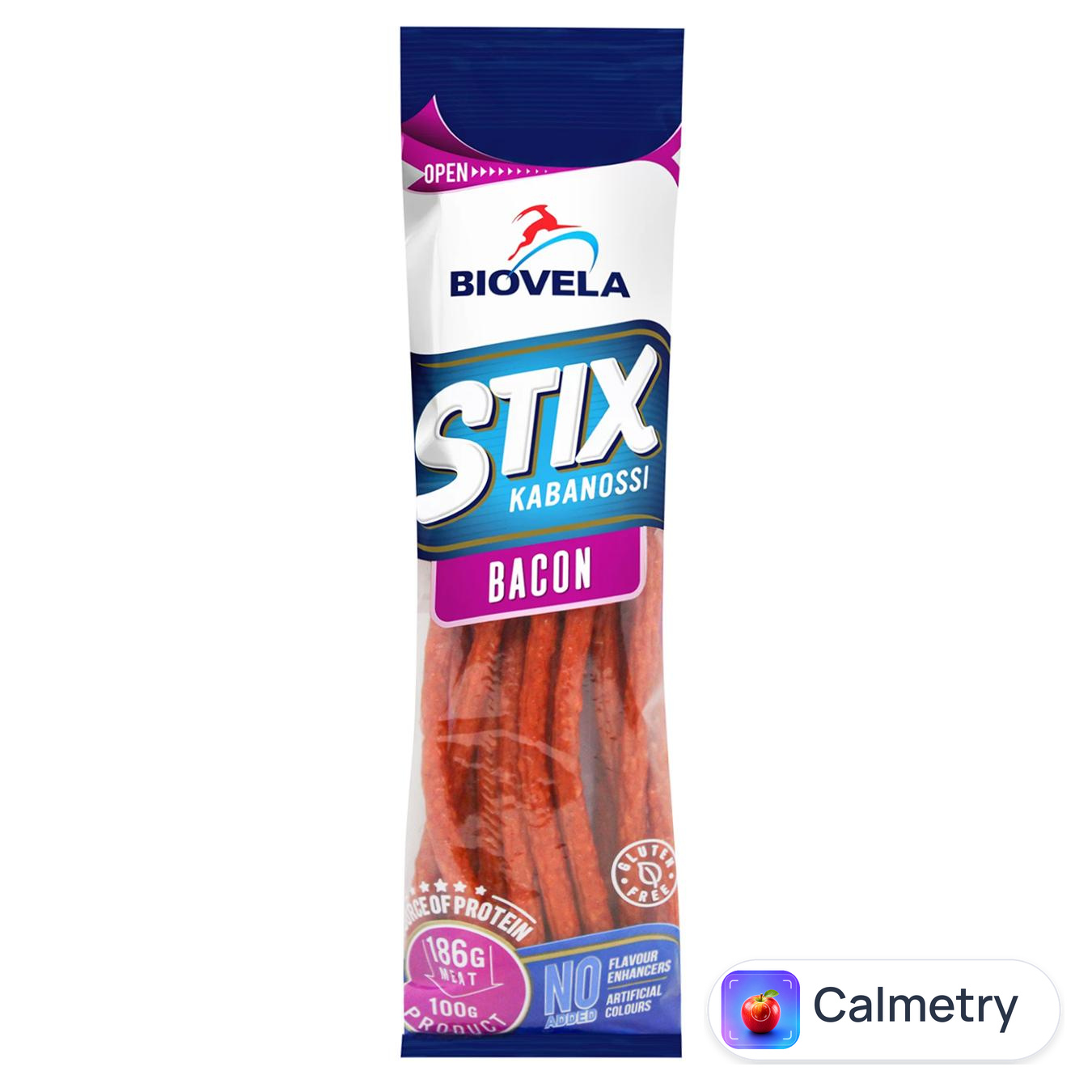 Ковбаски Biovela Stix Kabanossi Bacon гарячого копченя 100г — фото продукту