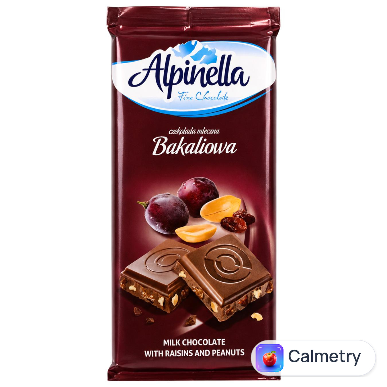 Шоколад молочний Alpinella з родзинками та арахісом 90г — фото продукту