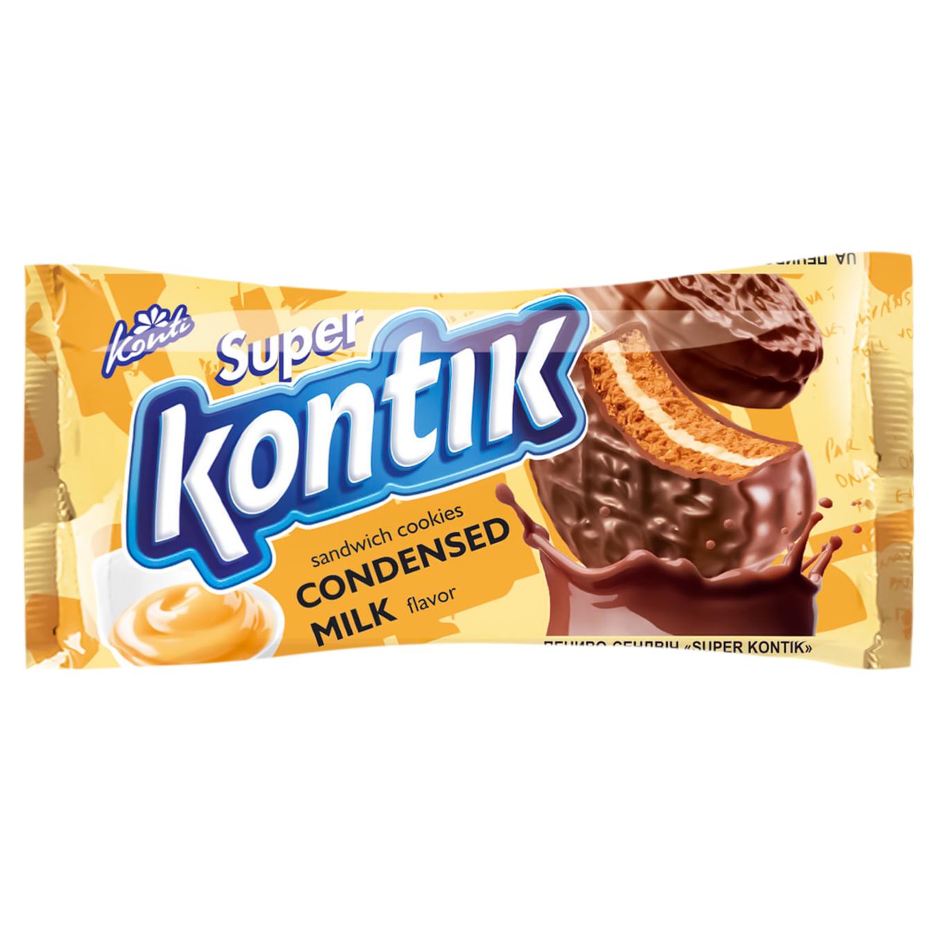 Печиво-сендвіч Konti Super Kontik зі смаком згущеного молока в глазурі 90г — фото продукту