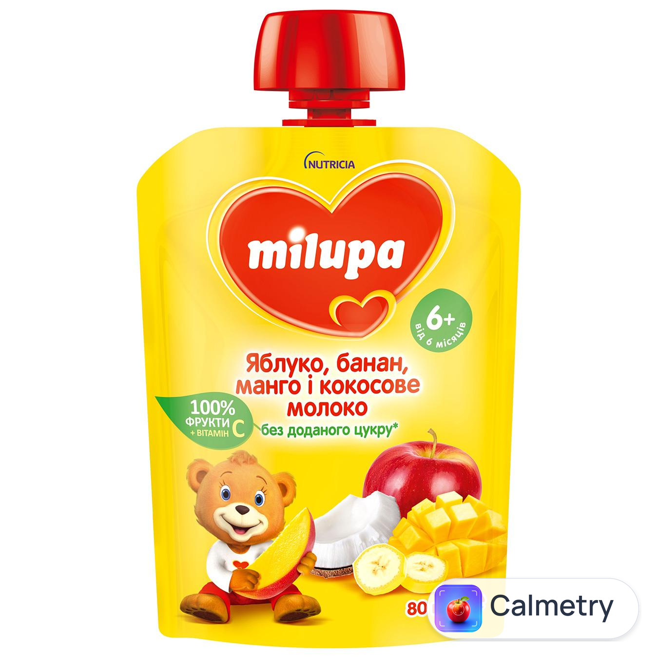 Пюре Milupa Яблуко, банан і манго з кокосовим молоком для дітей з 6 місяців 80г — фото продукту