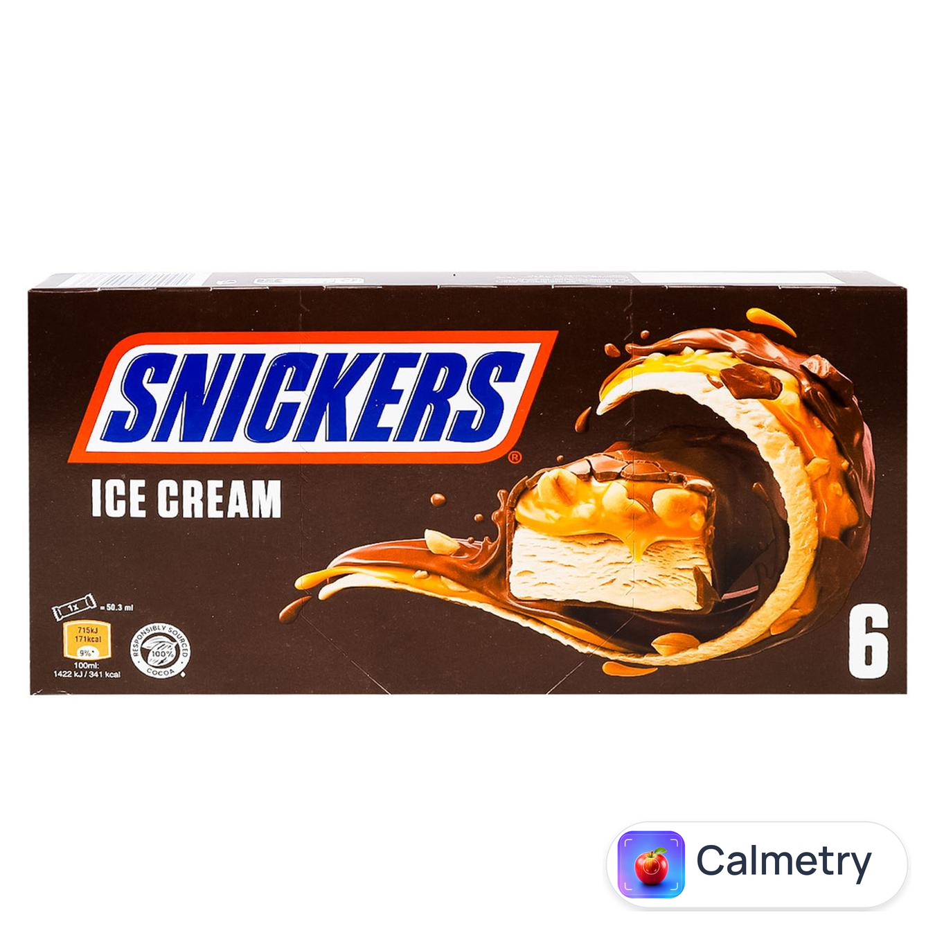 Морозиво Snickers в молочно-шоколадній глазурі зі смаженим арахісом та карамеллю 6х45,6г — фото продукту
