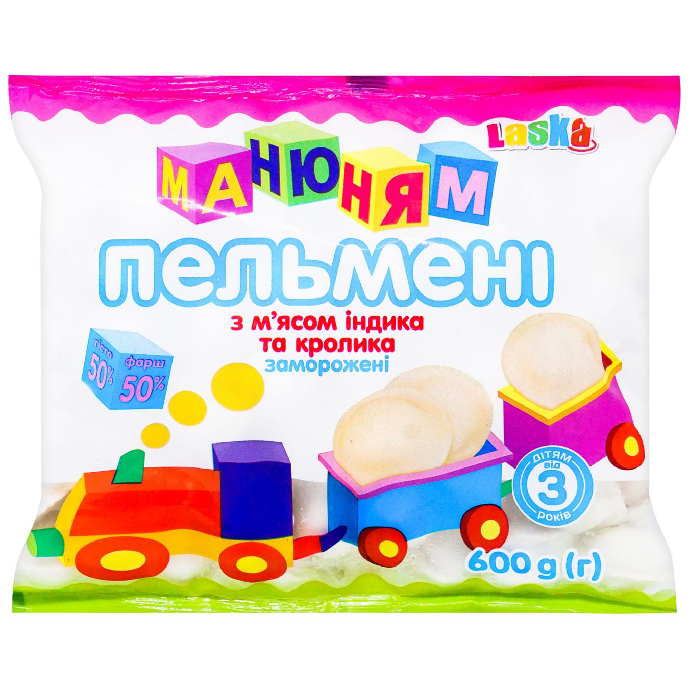 Пельмені Laska Ма-ню-ням з м'ясом індика та кролика 600г — фото продукту