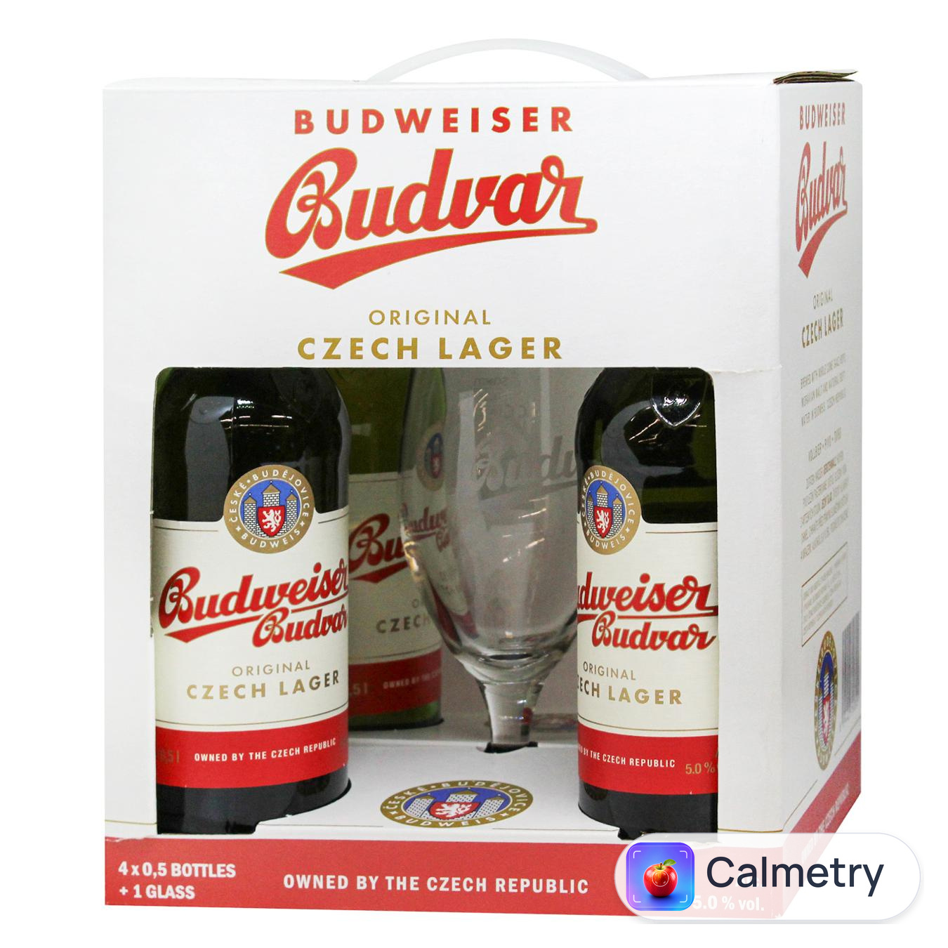 Набiр подарунковий Budweiser Budvar Original Пиво 5% 4х0,5л + келих 0,33л