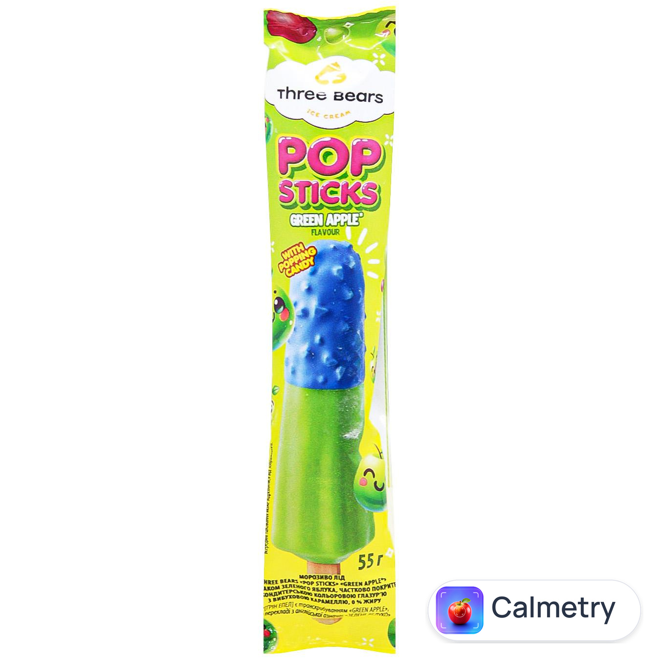 Морозиво-лід Три ведмеді Pop-Sticks Зелене яблуко з вибуховою карамеллю 55г — фото продукту