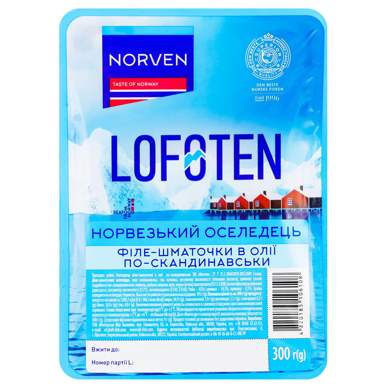 Оселедець Norven По-скандинавськи філе-шматочки в олії 300г — фото продукту