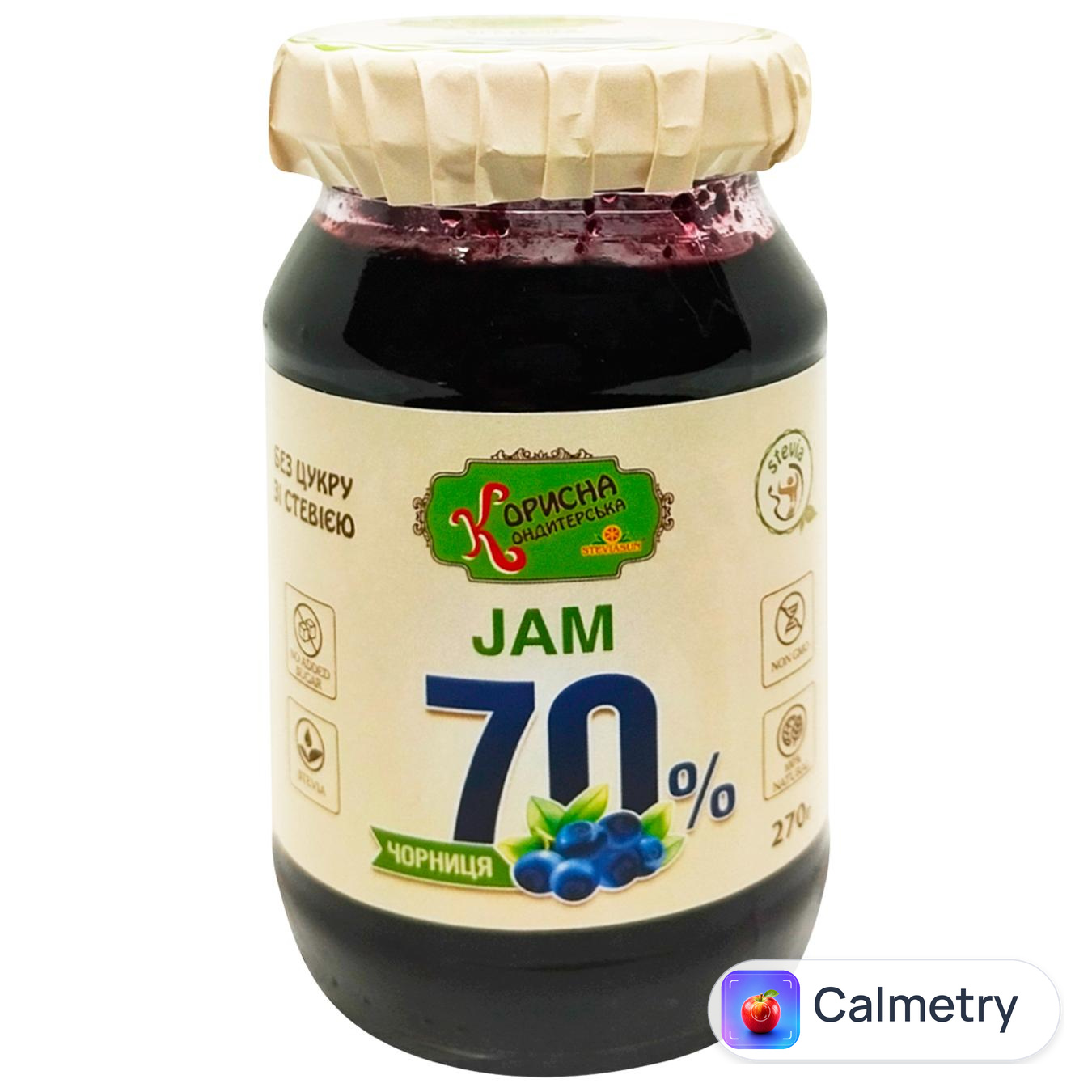 Джем Корисна Кондитерська Чорниця зі стевією 270г — фото продукту