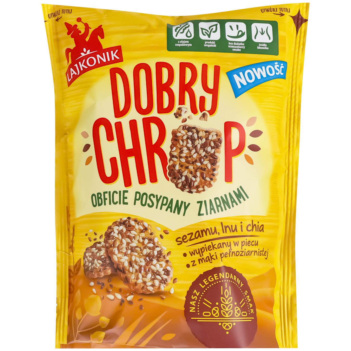 Крекер Lajkonik Dobry Chrup з насінням кунжуту-льону-чіа 100г — фото продукту
