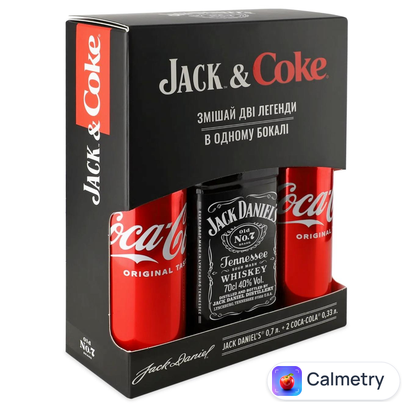 Набір подарунковий Jack&Coke Віскі Jack Daniel's 40% 0,7л та напій сильногазований Coca-Cola 0,33л 2шт — фото продукту