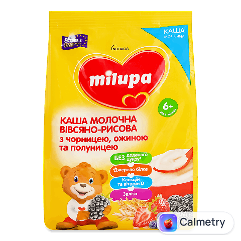 Каша вівсяно-рисова Milupa молочна з чорницею, ожиною та полуницею, 210г
