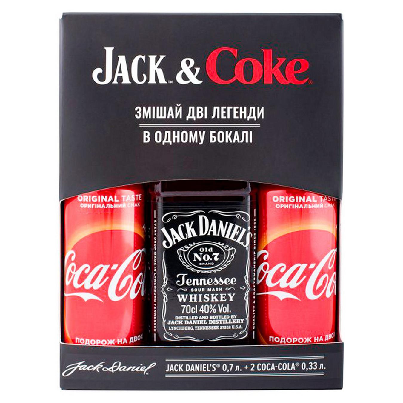 Набір подарунковий Jack&Coke Віскі Jack Daniel's 40% 0,7л та напій сильногазований Coca-Cola 0,33л 2шт — фото продукту
