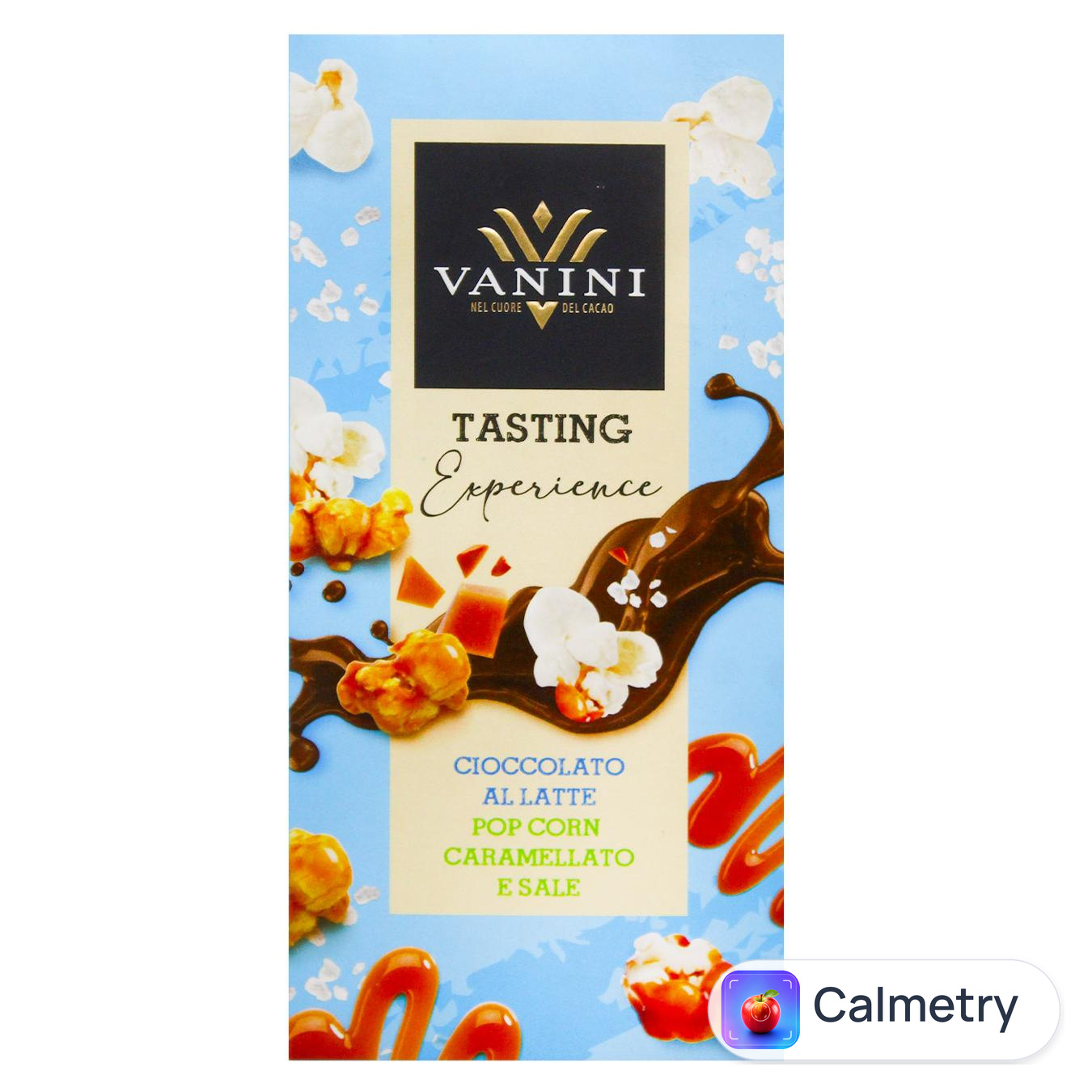 Шоколад молочний Vanini Tasting Experience з карамелізованим попкорном та сіллю 100г — фото продукту
