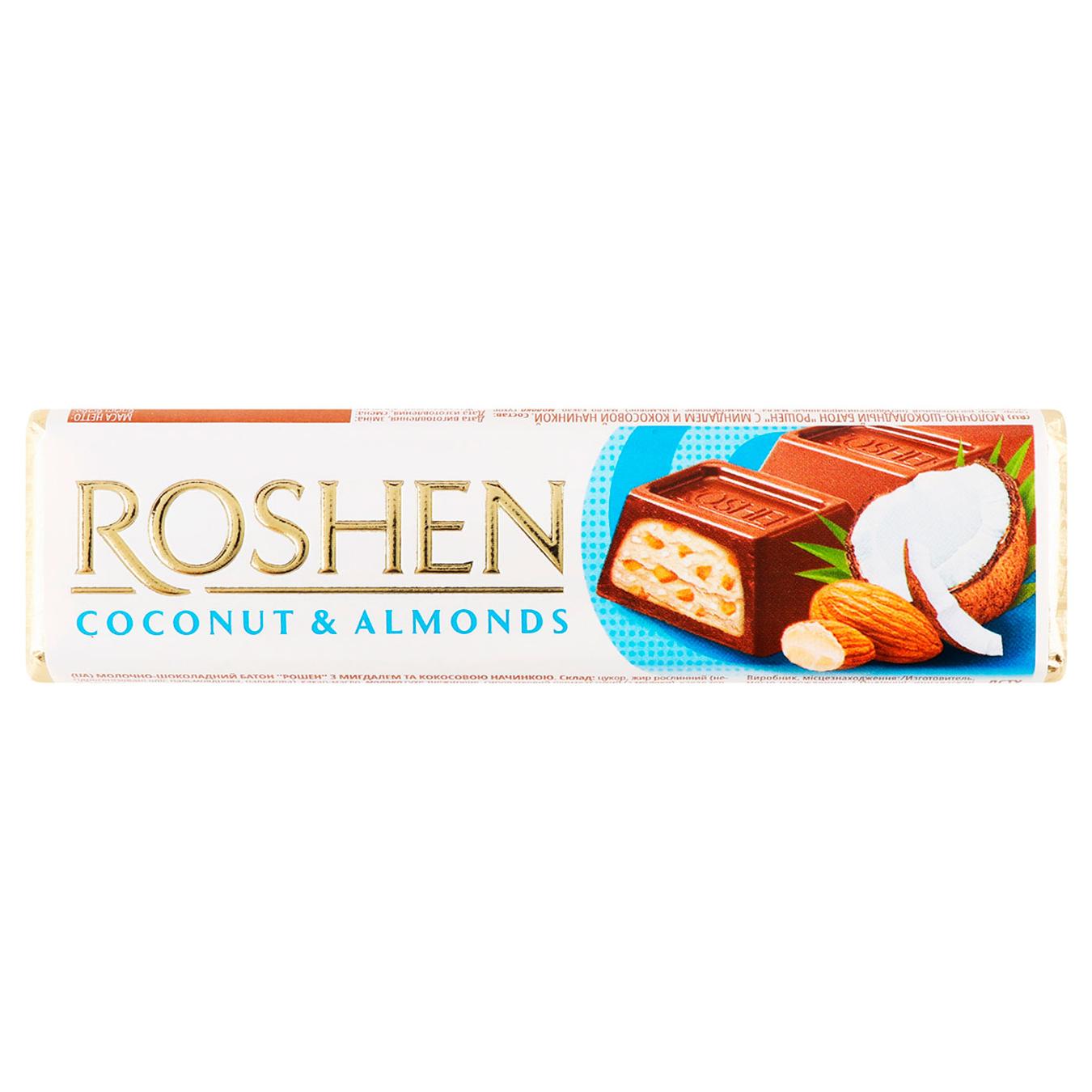 Батончик Roshen молочно-шоколадний з мигдалем та кокосовою начинкою 38г — фото продукту