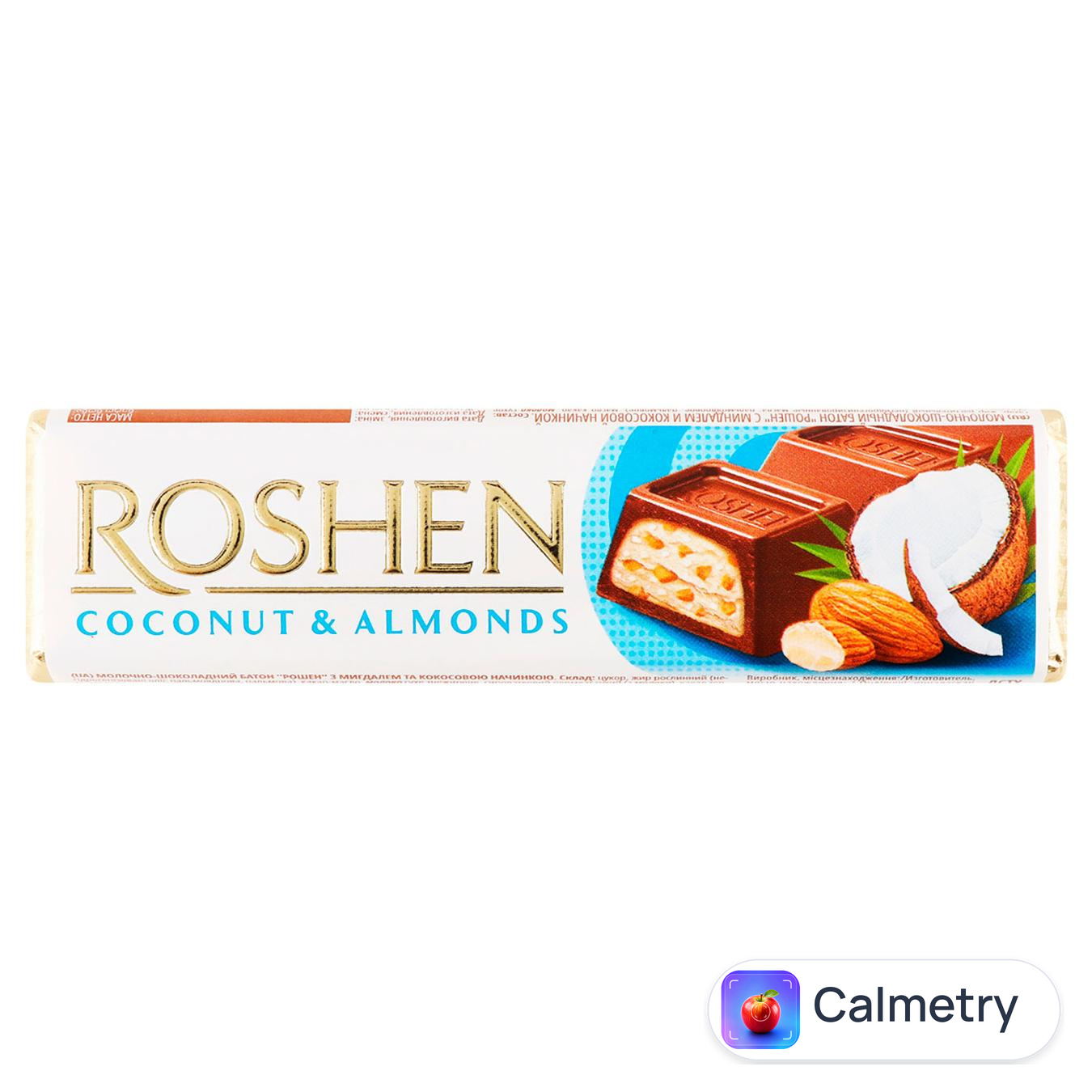 Батончик Roshen молочно-шоколадний з мигдалем та кокосовою начинкою 38г — фото продукту