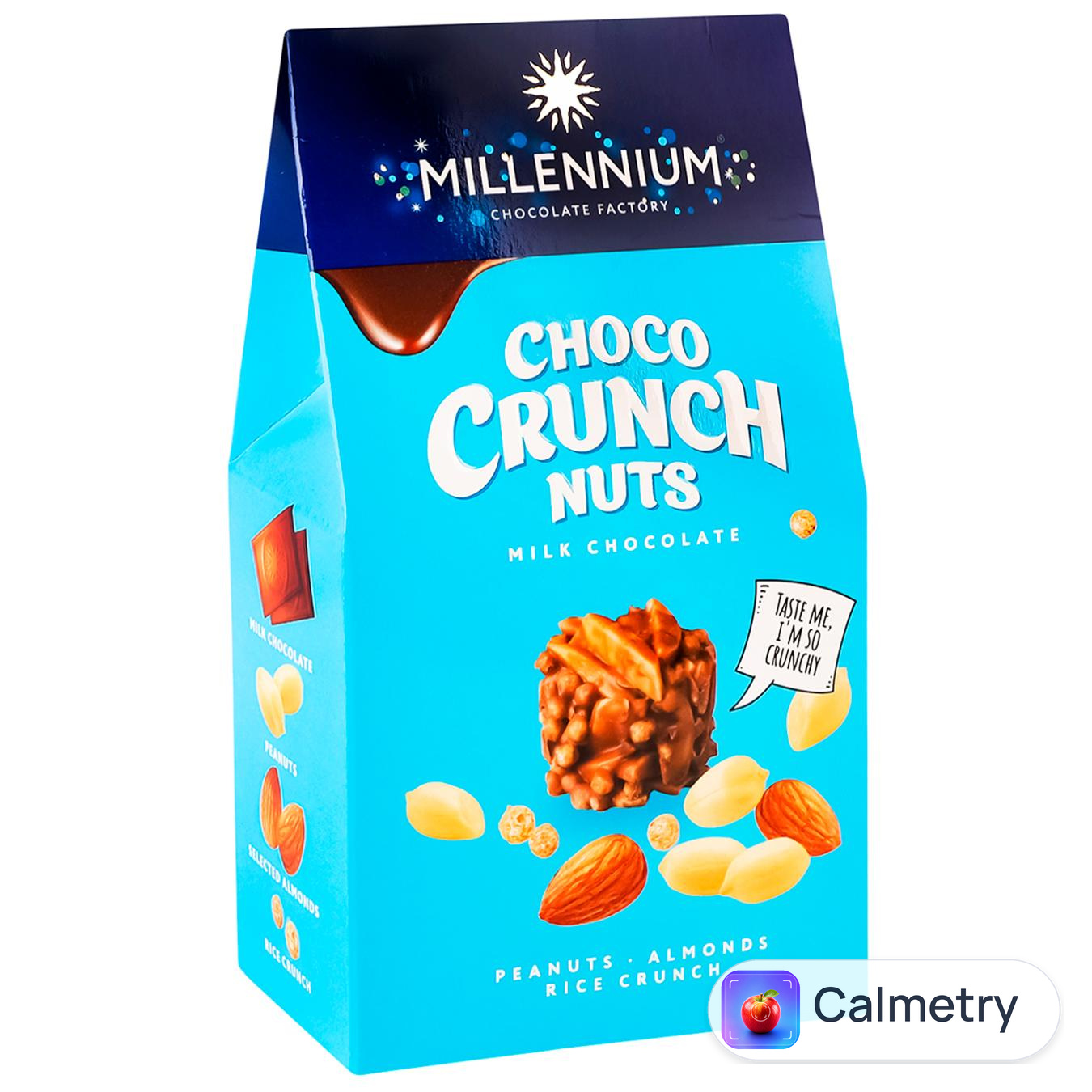 Цукерки Millennium Choco Crunch Nuts з арахісом мигдалем та рисовими кульками в молочному шоколаді 100г — фото продукту