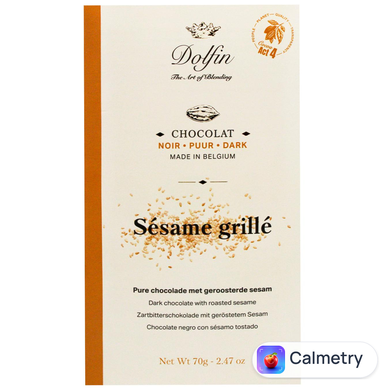 Шоколад чорний Dolfin какао зі смаженим кунжутом 60% 70г