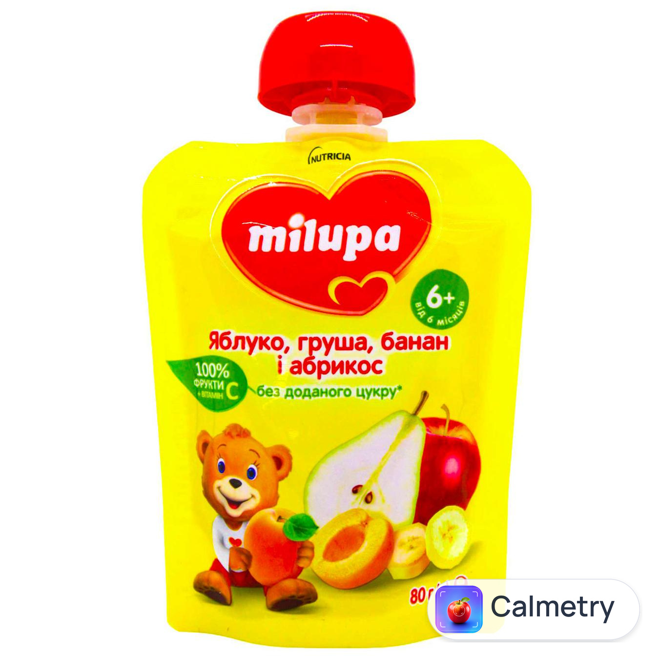 Пюре фруктове Milupa Яблуко-Груша-Банан-Абрикос для дітей з 6 місяців 80г — фото продукту