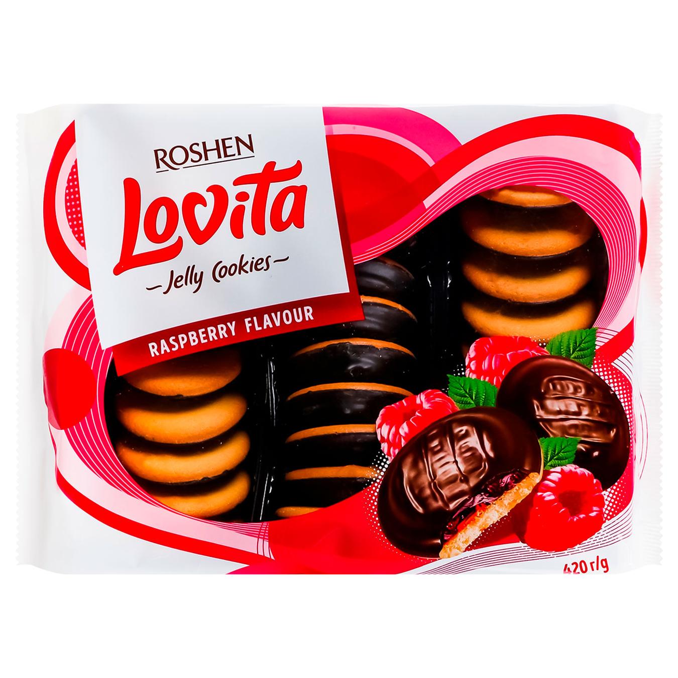 Печиво Roshen Lovita здобне з желейною начинкою зі смаком малини 420г — фото продукту