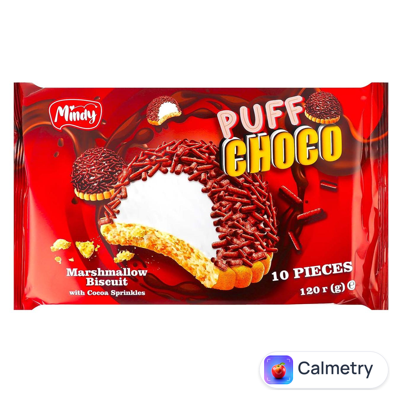 Десерт Mindy Puff Choco Печиво з маршмелоу та какао-посипкою 120г — фото продукту