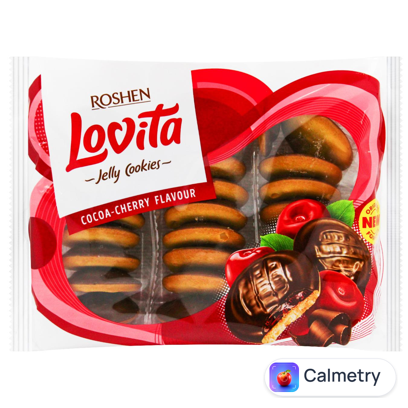 Печиво Roshen Lovita здобне з желейною начинкою зі смаком какао-вишня 420г — фото продукту